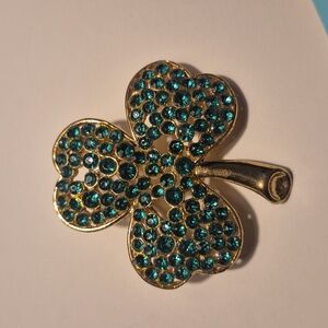 Vintage Shamrock Clover Brooch with Green Crystals At Patrick's Day
